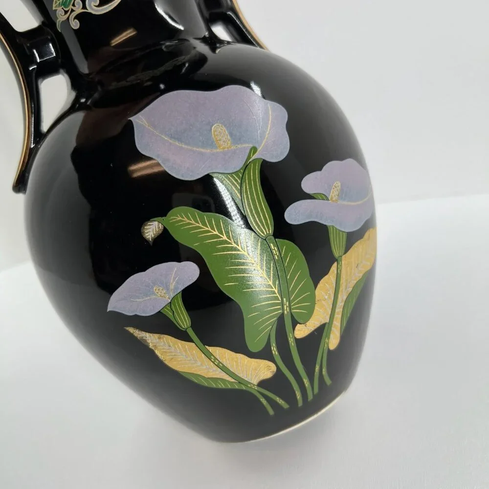 Vintage Japanese Black Floral Vase Calla Lily Vase Gold Trim Dual Handle Decor